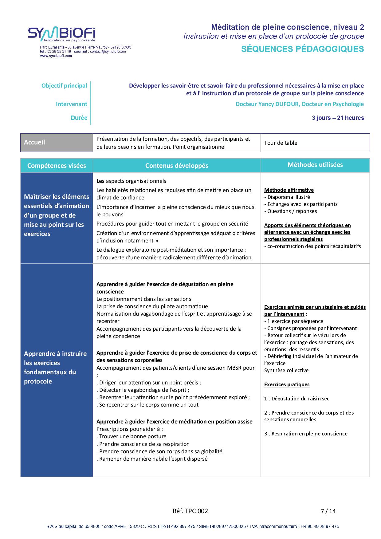 alt="Programme de la formation Méditation Pleine Conscience, niveau 2 : mise en place et instruction du protocole de groupe - page 1"