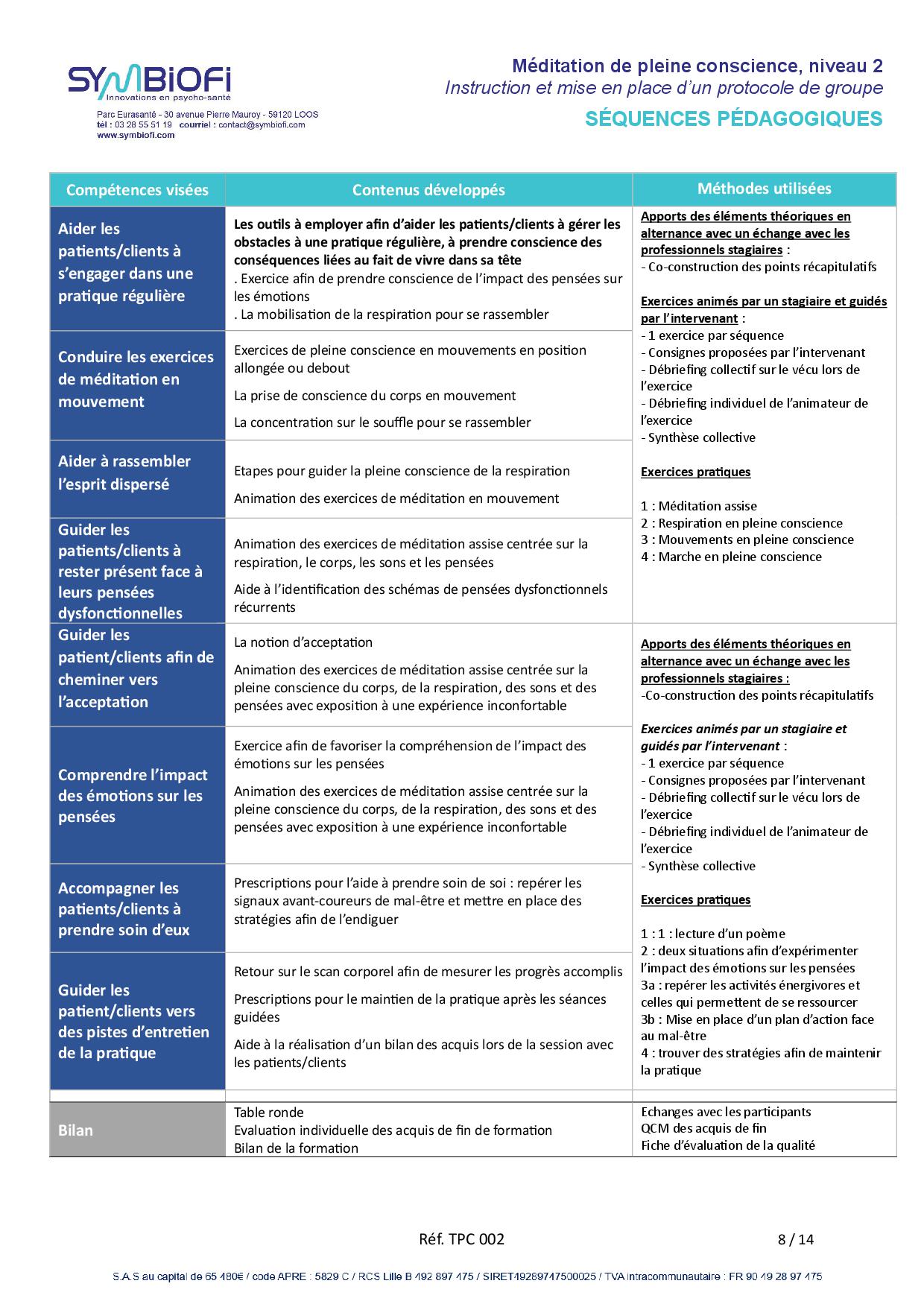 alt="Programme de la formation Méditation Pleine Conscience, niveau 2 : mise en place et instruction du protocole de groupe - page 2"