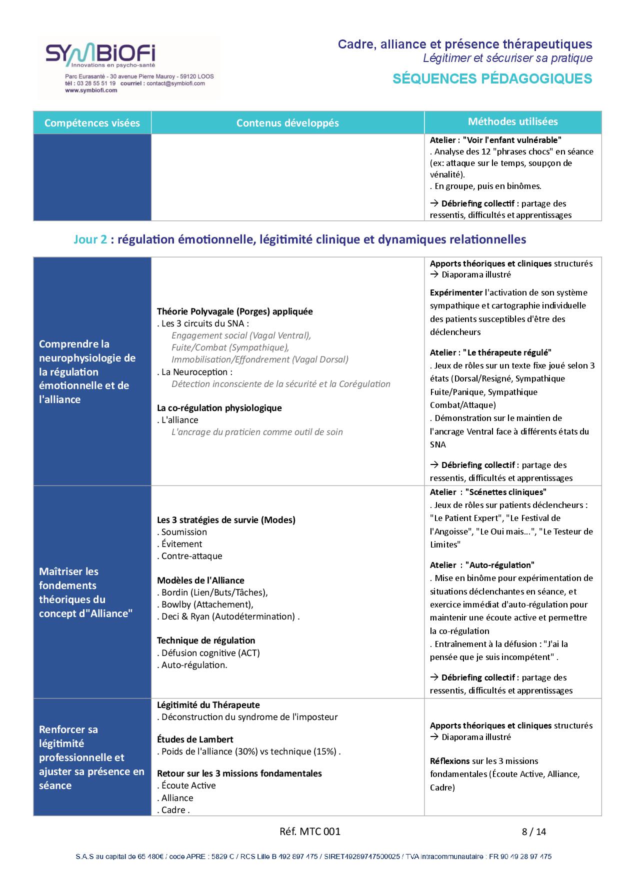 alt="Programme de la formation Cadre, alliance et présence thérapeutiques : légitimer et sécuriser sa pratique – page2"