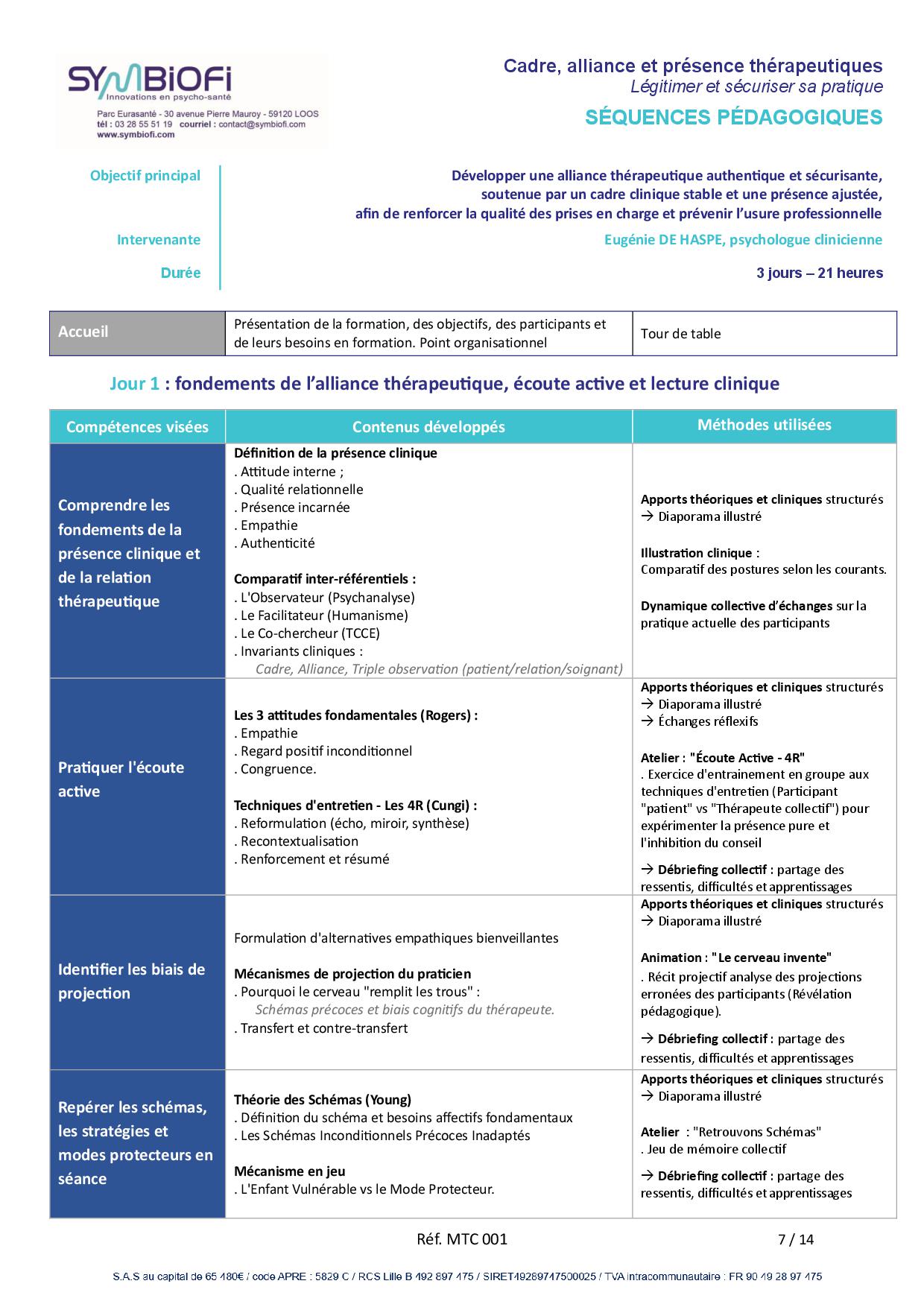 alt="Programme de la formation Cadre, alliance et présence thérapeutiques : légitimer et sécuriser sa pratique - page1"