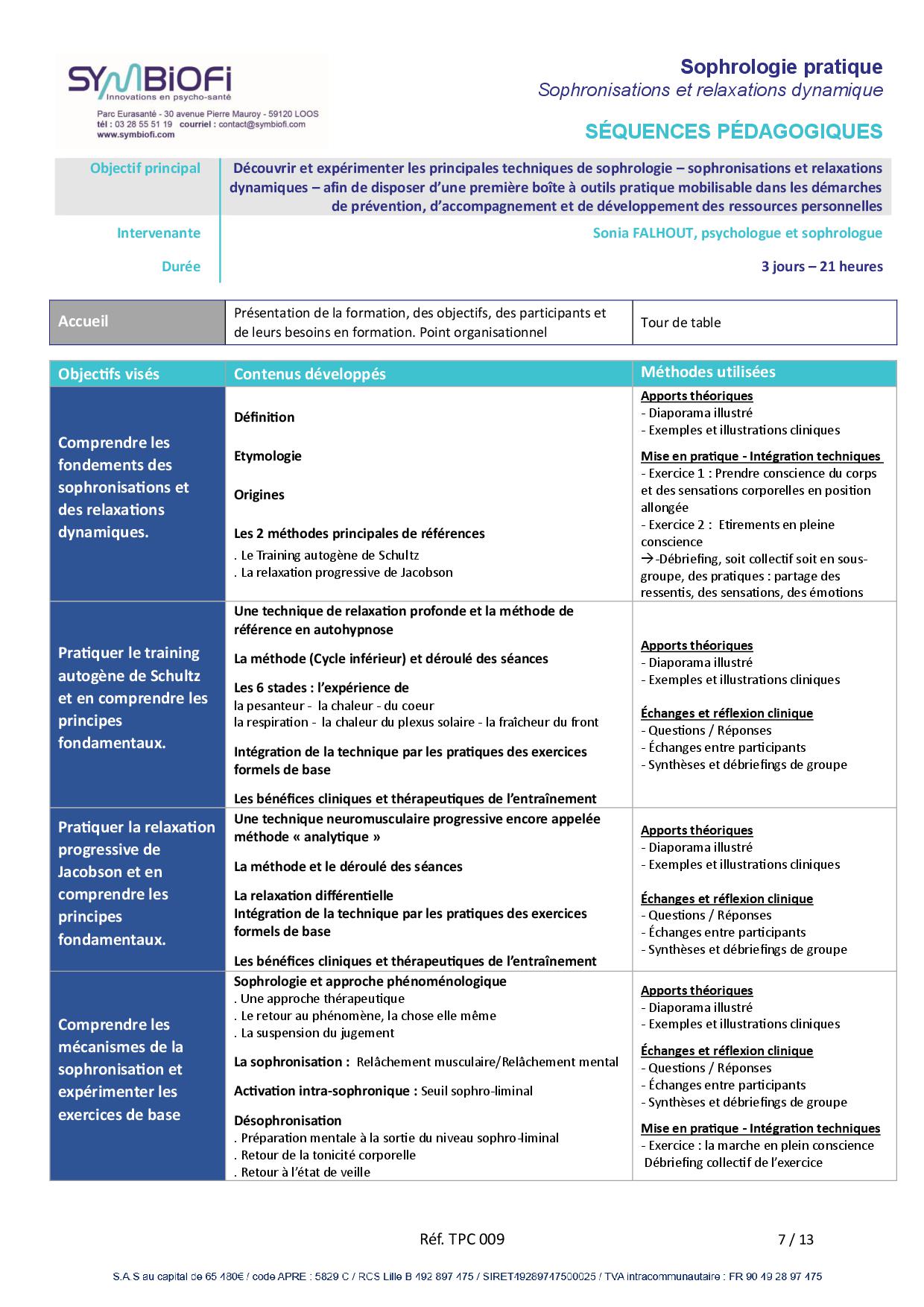 alt="Programme de la formation Sophrologie pratique : sophronisations et relaxations dynamiques - page 1"