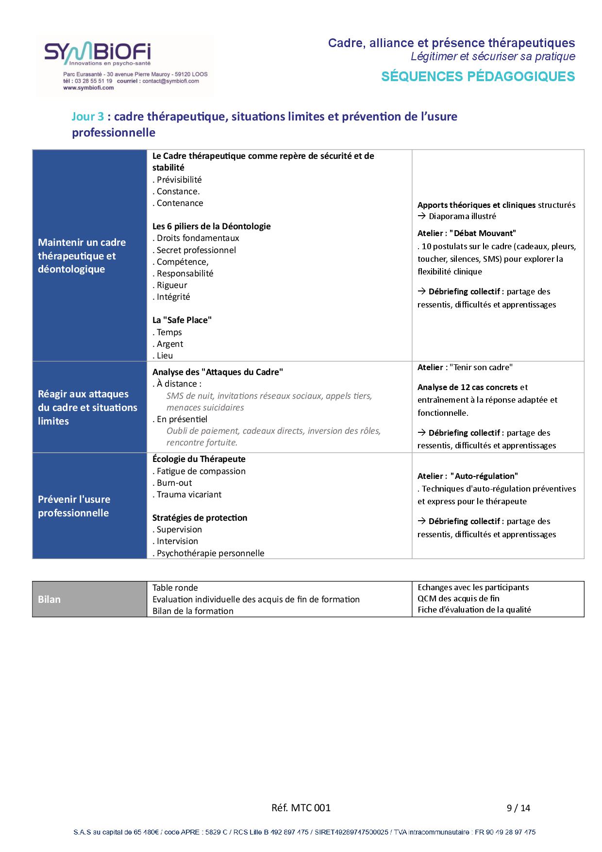 alt="Programme de la formation Cadre, alliance et présence thérapeutiques : légitimer et sécuriser sa pratique – page3"