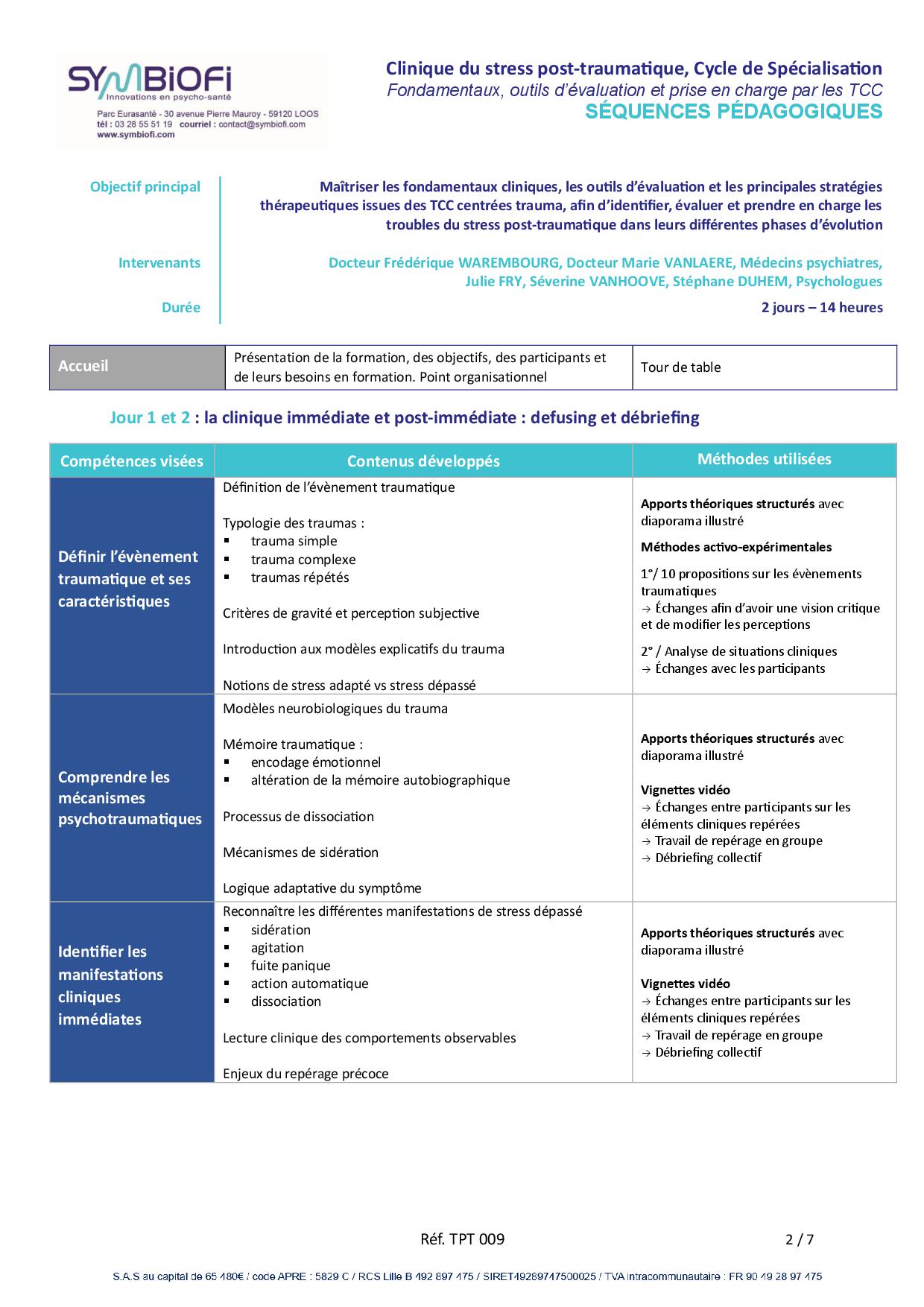 alt="Programme de la formation Clinique du stress post-traumatique, le Cycle de Spécialisation - page 1"