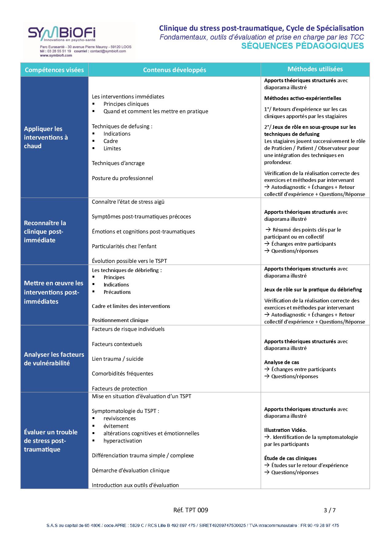 alt="Programme de la formation Clinique du stress post-traumatique, le Cycle de Spécialisation - page 2"