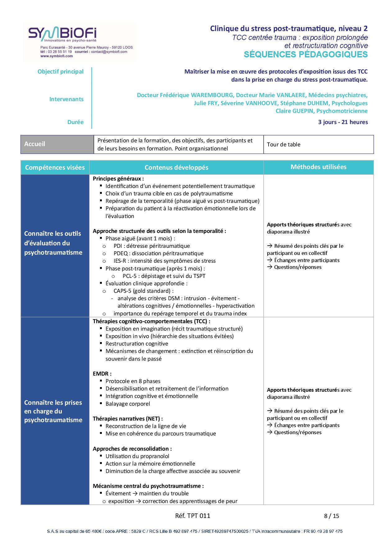 alt="Programme de la formation Protocoles TCC centrés trauma : exposition prolongée et restructuration cognitive - page 1"