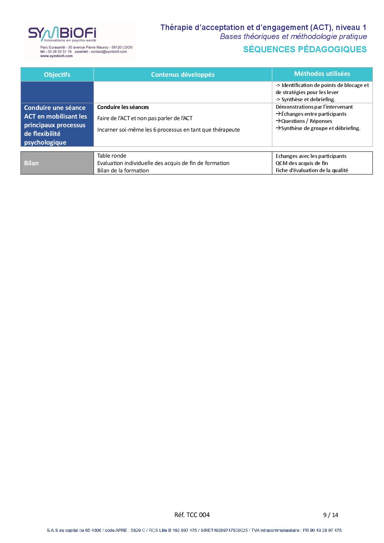 alt="Programme de la formation Thérapie d’acceptation et d’engagement (ACT), niveau 1 : Bases théoriques et méthodologie pratique - page 3"