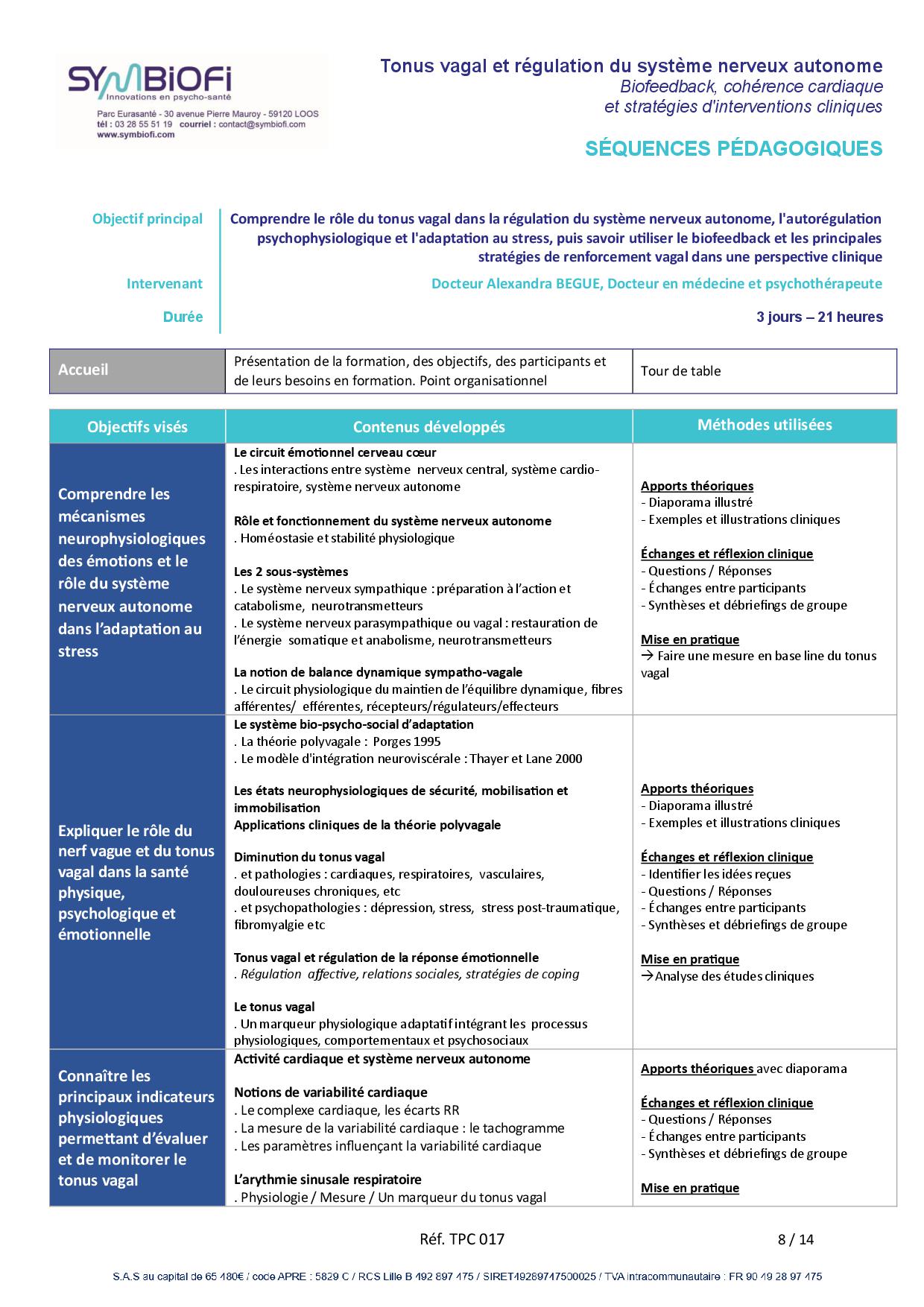 alt="Programme de la formation Tonus vagal et régulation du système nerveux autonome : biofeedback, cohérence cardiaque et stratégies d'intervention clinique - page 1"